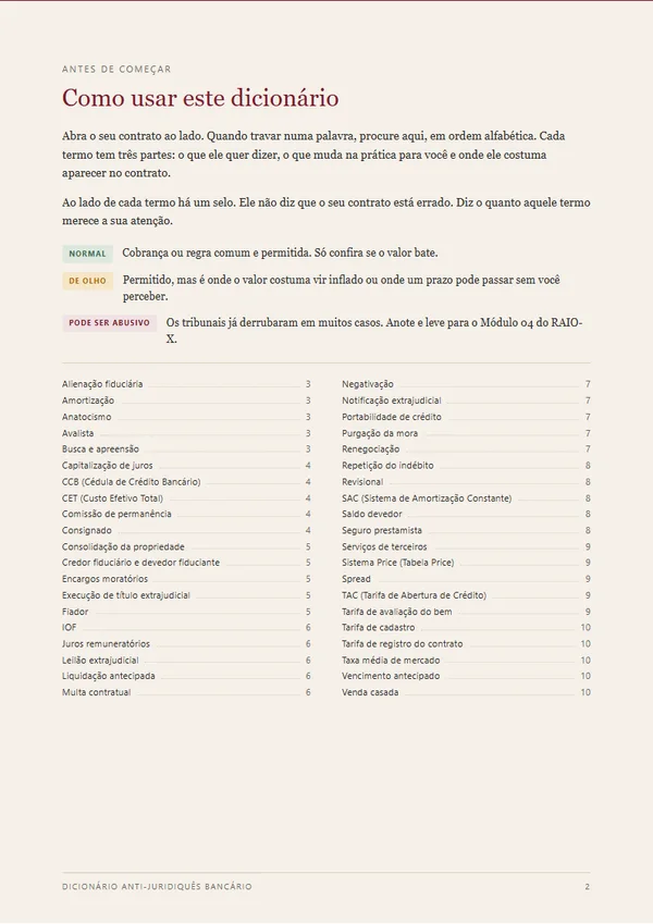 Página de instruções e índice do dicionário