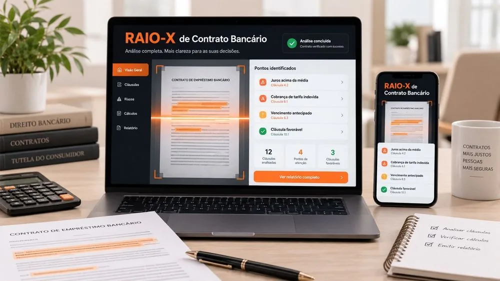 Dashboard do RAIO-X de Contrato Bancário em laptop e smartphone
