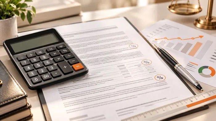 Calculadora e documento com percentuais de juros